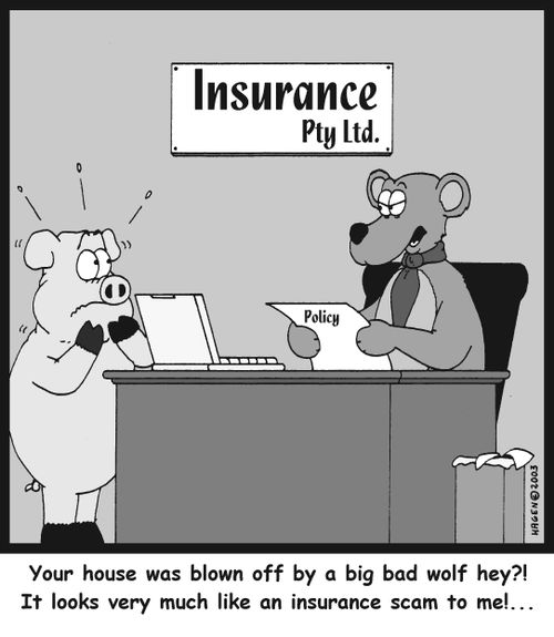 'Your house was blown off by a big bad wolf hey?! It looks very much like an insurance scam to me!...'