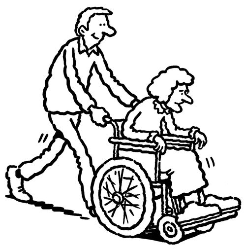 Man pushing elderly lady in a wheelchair.