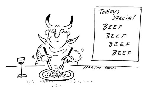 Man with horns eating beef