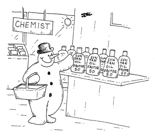 Snowman buying sun tan oil
