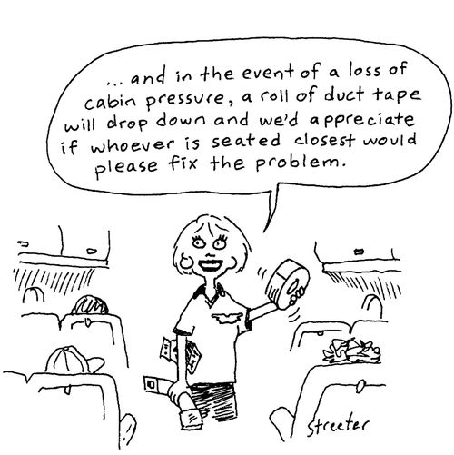 Stewardess advising passengers to fix aeroplane with duct tape if any problems.