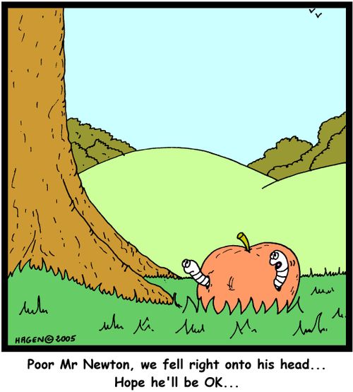 'Poor Mr Newton, we fell right onto his head...Hope he'll be OK...'