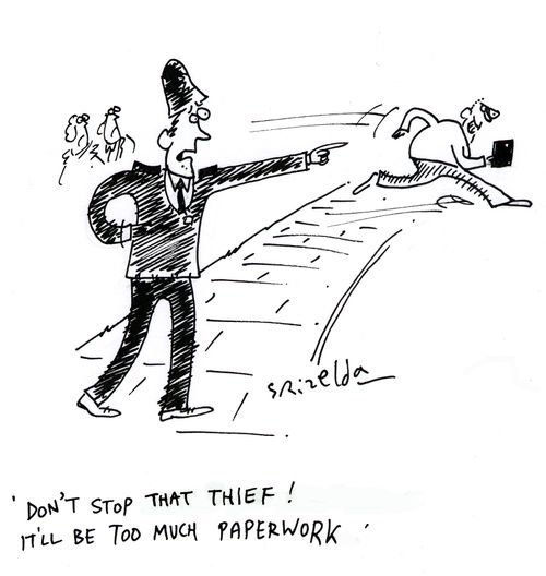 Policeman shouting - 'Don't stop that thief! It'll be too much paperwork.'