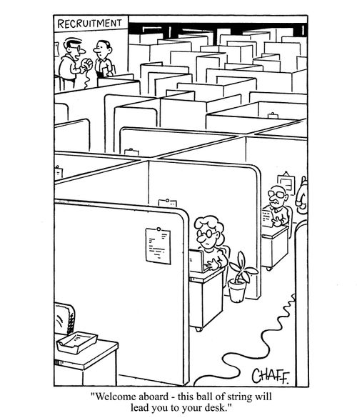 'Welcome aboard - this ball of string will lead you to your desk.'