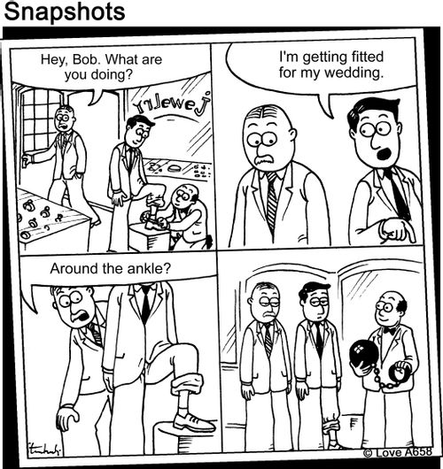 "Hey, Bob. What are you doing?"   "I'm getting fitted for my wedding."   "Around the ankle?"