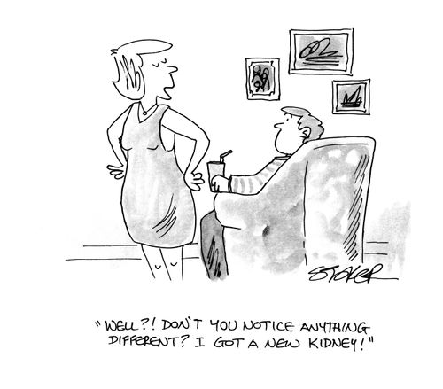 'Well?!  Don't you notice anything different?  I got a new kidney!'