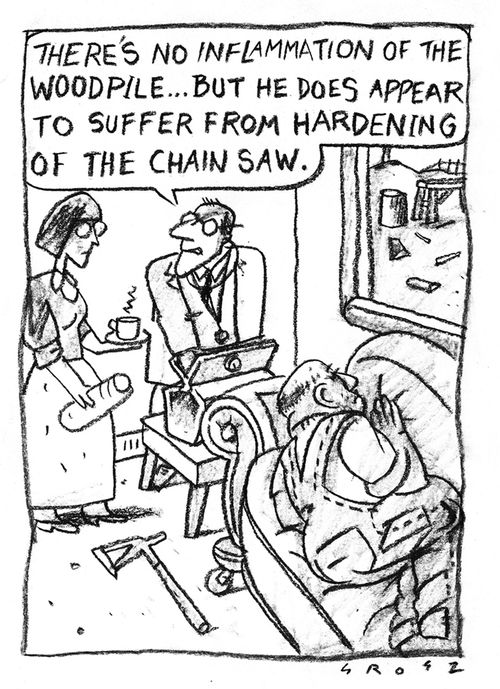 'There's no inflammation of the wood pole. . . but he does appear to suffer from hardening of the chain saw.'