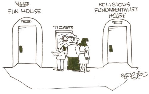 Tickets being sold for the Fun House and the Religious Fundamentalist House,