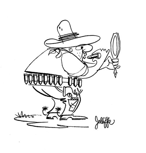 Effeminate cowboy applies lipstick from a gun-belt loaded with lipsticks.