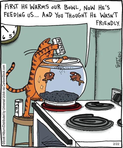'First he warms our bowl, now he's feeding us... And you thought he wasn't friendly.'