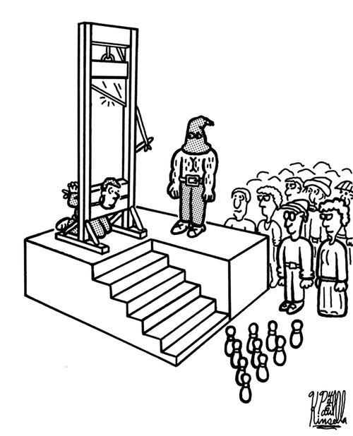Guillotine and bowling pins.