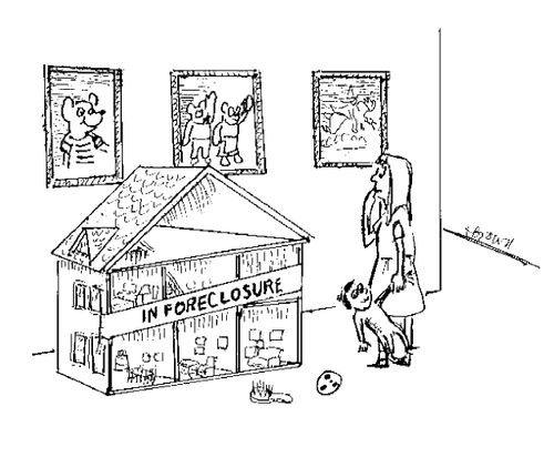 Dollhouse marked for foreclosure.