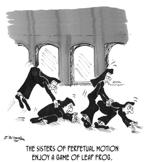 The Sisters of Perpetual Motion enjoy a game of leap frog.