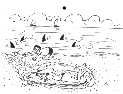 Man digs channel to allow sharks to circle sunbathing woman.