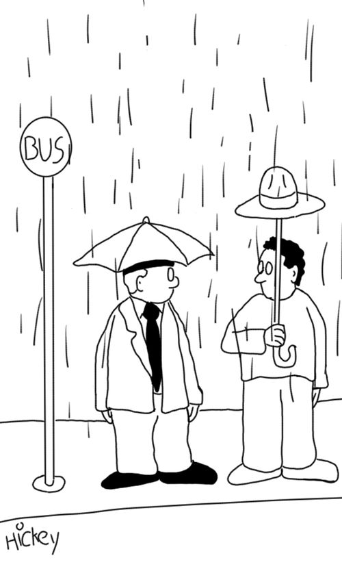 Man with an umbrella hat looks at man with a hat umbrella.