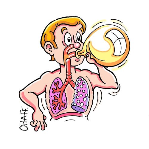 The lungs of a man blowing a balloon.