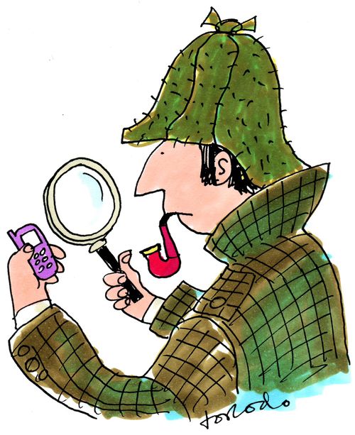 Great detective needs magnifying glass to read his tiny phone.