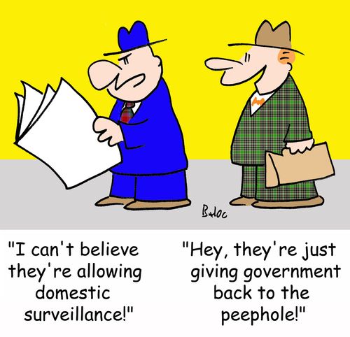 'I can't believe they're allowing domestic surveillance!', 'Hey, they're just giving government back to the peephole!'
