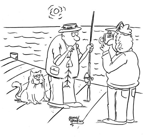 Man having picture of caught fish sees that cat has eaten it.