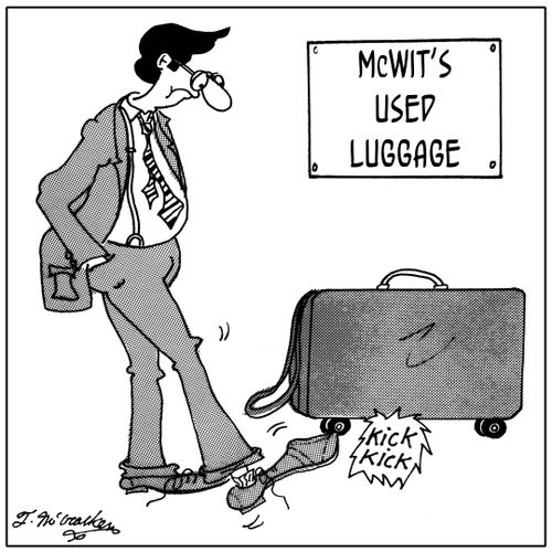 A man kicking the wheels on a suitcase at 'McWit's Used Luggage.'