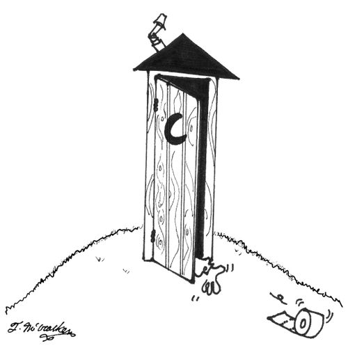 A hand frantically reaches for toilet paper that's rolling out of an outhouse.