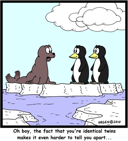 'Oh boy, the fact that you're identical twins makes it even harder to tell you apart...'