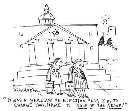 'It was a brilliant re-election ploy, sir, to change your name to 'none of the above'.'