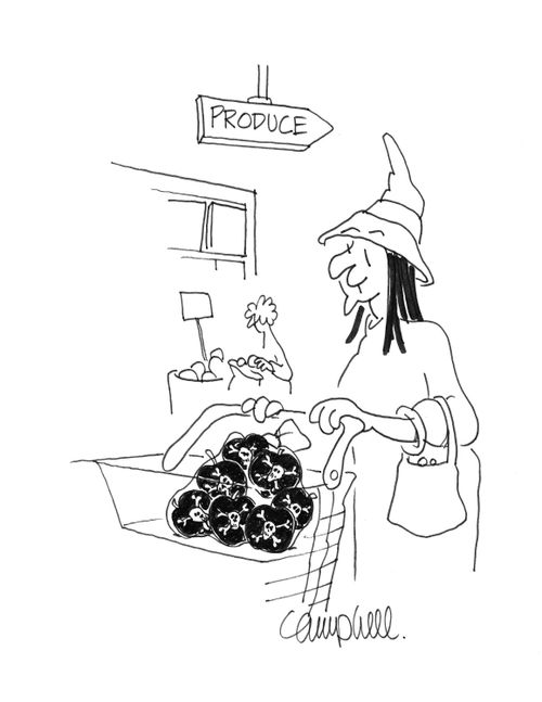 Witch pushes grocery basket with bag of apples with skull and crossbones on them