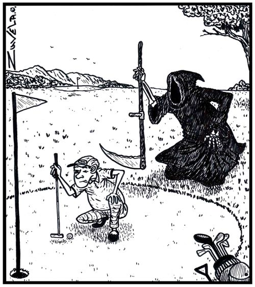 A golfer lining up his putt, with the Grim Reaper lining up the golfer.