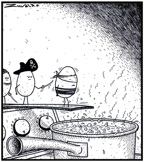 A Pirate Egg Prisoner about to Walk the Plank into a boiling pot of water 