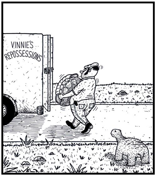 Vinnie's Repossessions: A Turtle has just had his shell repossessed