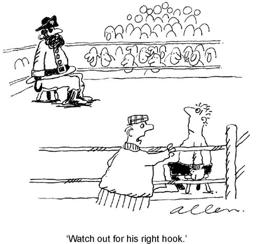 Pirate sitting in boxing ring, trainer talking to boxer: 'Watch out for his right hook.'