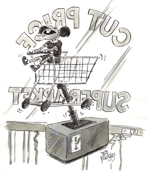 Cut price supermarket with a trolley for a children's ride.