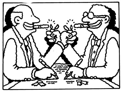 Two men signing a contract and lighting cigars.