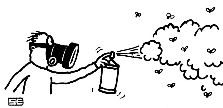 Man with gasmark spraying flies