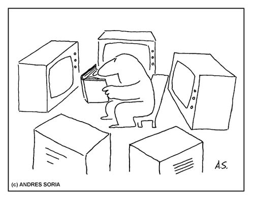 Man reading while being surrounded by TV's