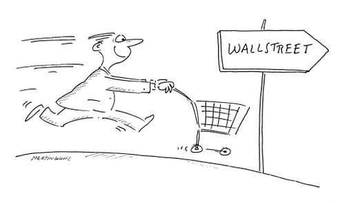 Man with a trolley in hurry to get to Wall st