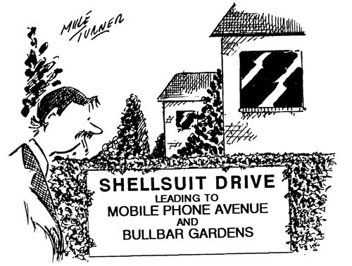 Shellsuit Drive leading to Mobile Phone Avenue and Bullbar Gardens