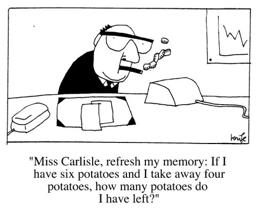 "Miss Carlisle, if I have six potatoes and I take away four potatoes, how many potatoes do I have left."