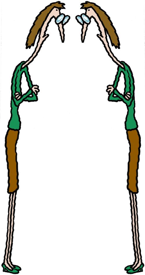 Skinny sour-faced twins scowling at each other.