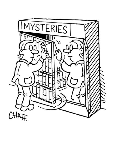 'Mysteries' section of bookshop reveals secret door.