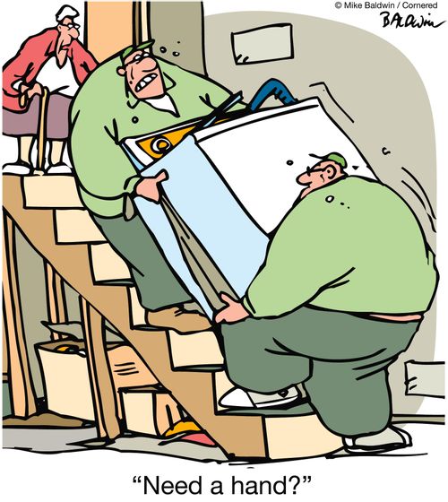 Old lady watching men struggling up the stairs on the stairs asks 'Need a hand?'