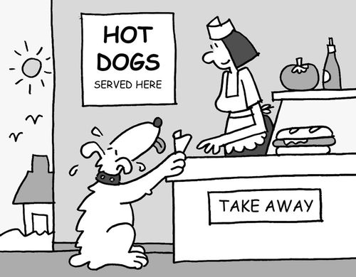 Hot dogs served here. (Sweaty dog placing an order).