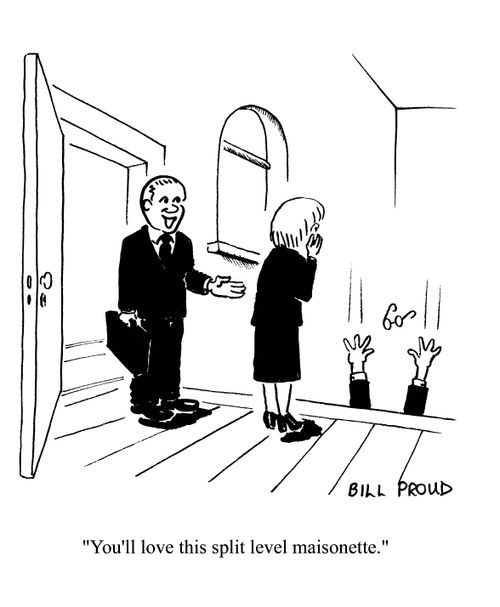 'You'll love this split level maisonette...' (man falls down split level).