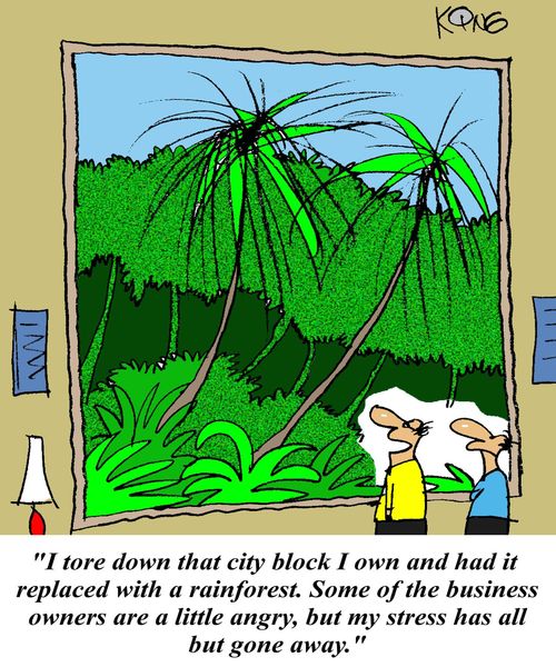 'I tore down that city block I own and had it replaced with a rainforest.  Some of the business owners are a little angry, but my stress has all but gone away.'