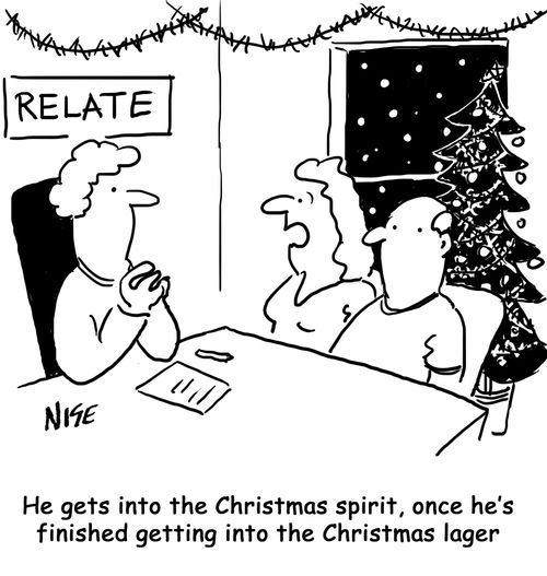 He gets into the Christmas spirit, once he's finished getting into the Christmas lager