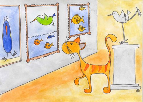Cat in gallery looking at pictures of birds and fish.