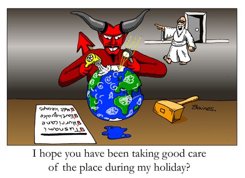 Devil causing tusnami, hurricanes and earthquakes.