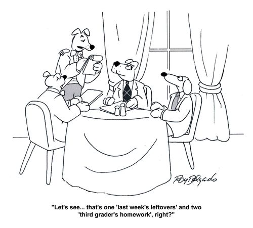 'Let's see... that's one 'last week's leftovers' and two 'third grader's homework', right?'