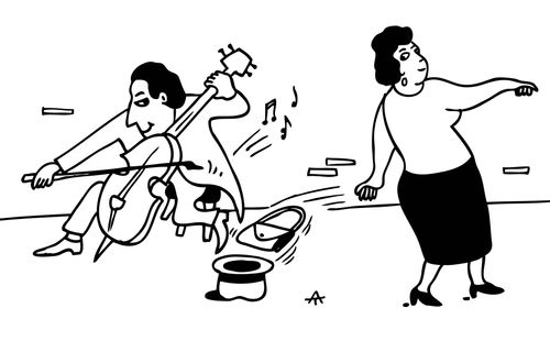 Lady throws a musician her whole handbag.